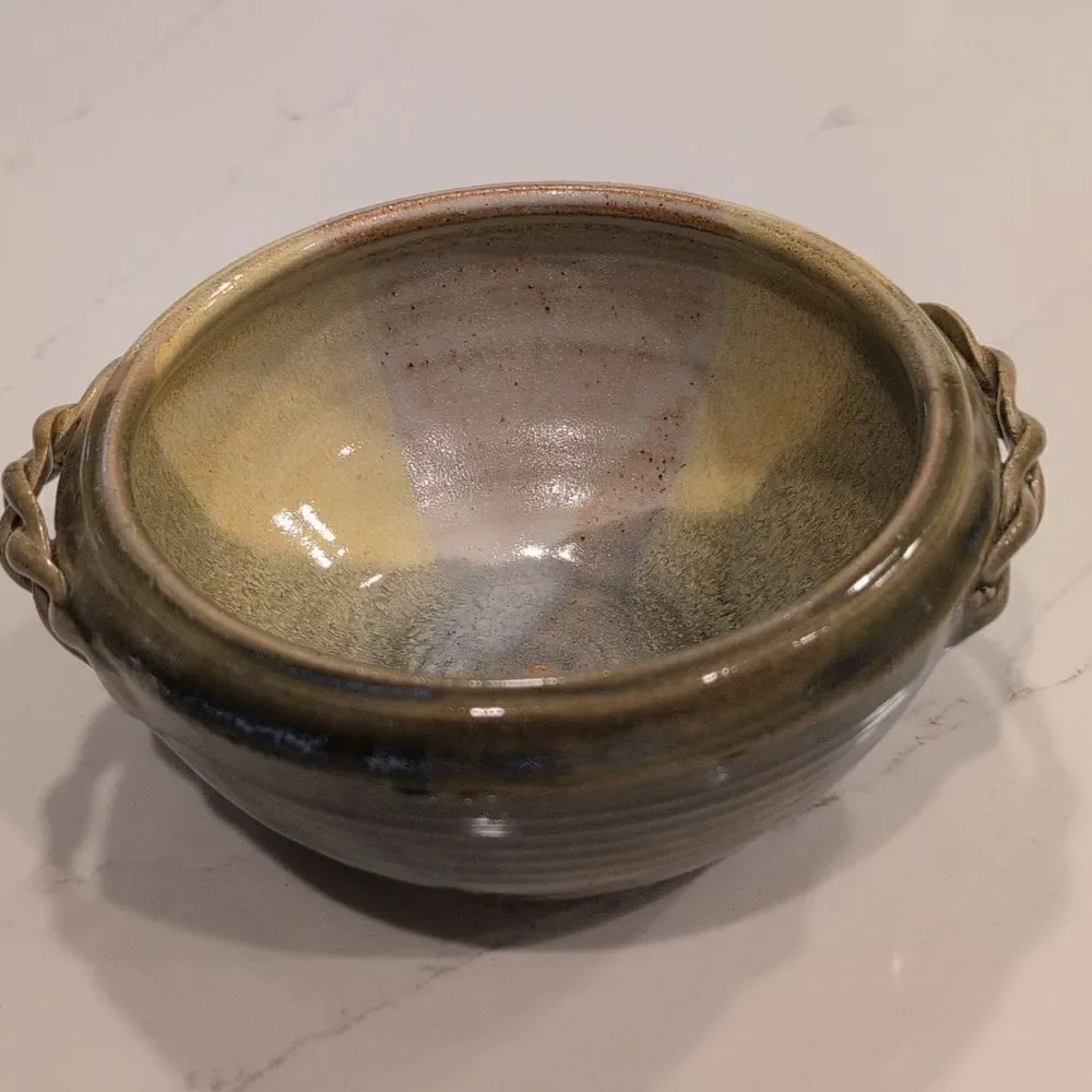 Handmade Ribbed Pottery Bowl with Braided Handles Artist Signed